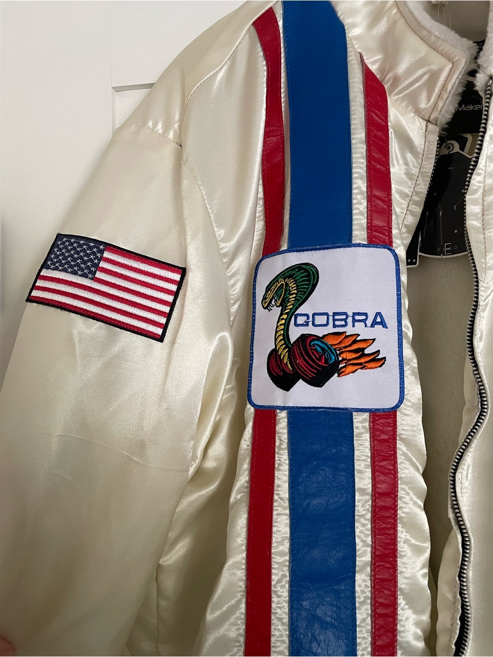 NWT Ford Ivory Satin Bomber Jacket with Blue & Red Stripes - Picture 2 of 8